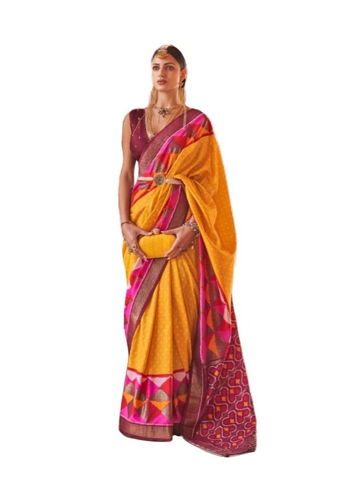 Grab Mantra - Traditional Silk Yellow Saree Pink Border With Patola Design Plus Unstitched Blouse - Image 1
