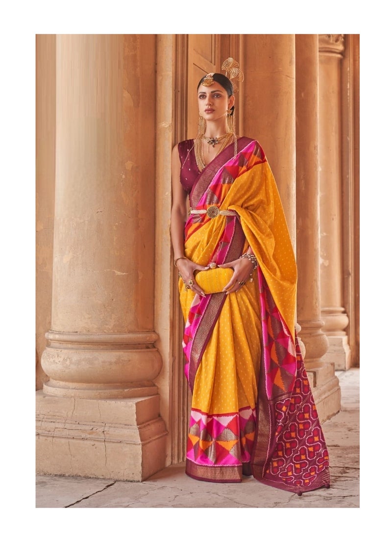 Grab Mantra - Traditional Silk Yellow Saree Pink Border With Patola Design Plus Unstitched Blouse - Image 1