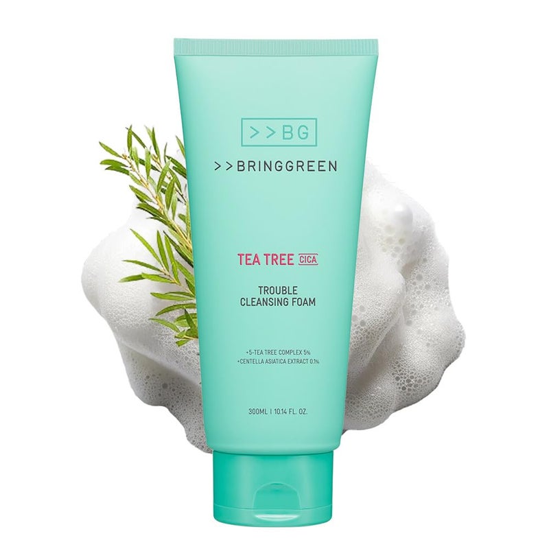 BRING GREEN Tea Tree Cica Trouble Cleansing Foam  Mild Cleanser for Exfoliation Removes Blackheads Whiteheads Facial Residue for Trouble Irritated Sensitive Skin 101 Fl Oz 300ml