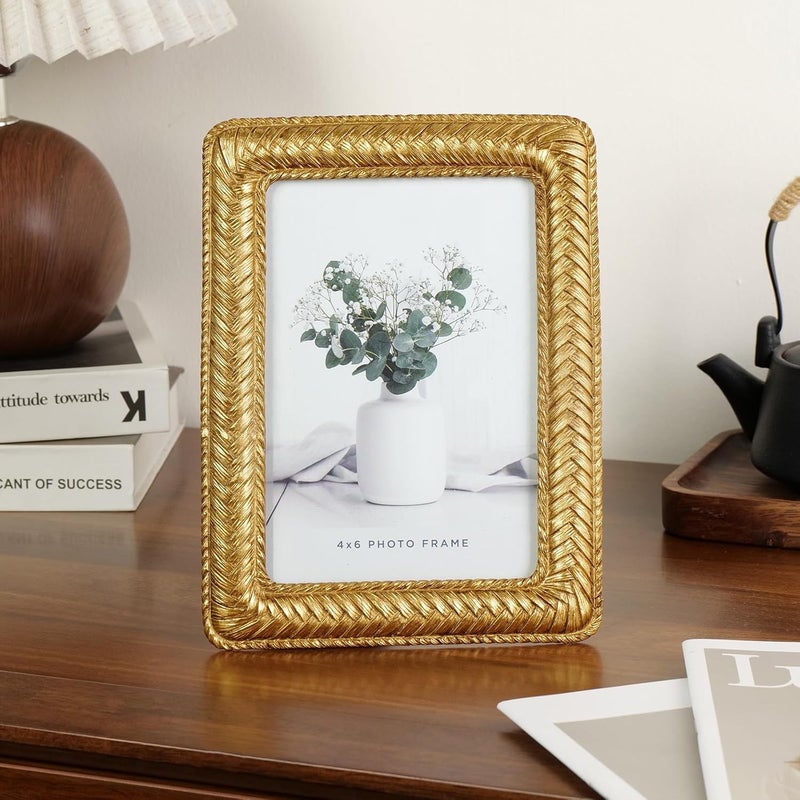 Cuspin إطار صور ذهبي مقاس 4×6 من ، إطار صور مزخرف من الراتنج بنقوش، مع واجهة زجاجية، تصميم عتيق لتزيين المنزل أو كهدية. - Image 2