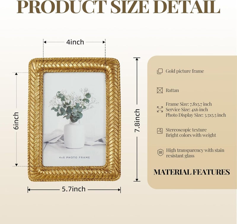 Cuspin إطار صور ذهبي مقاس 4×6 من ، إطار صور مزخرف من الراتنج بنقوش، مع واجهة زجاجية، تصميم عتيق لتزيين المنزل أو كهدية. - Image 4
