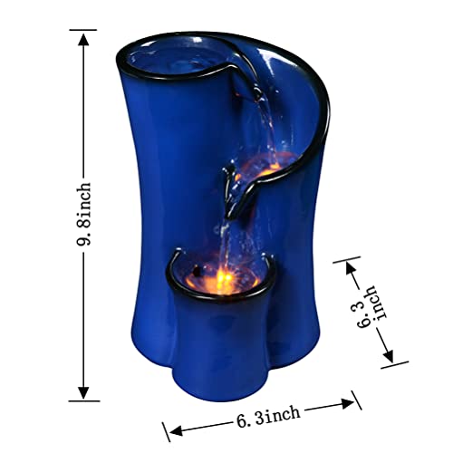 GOSSI Indoor Water Fountain Imitation Ceramics Appearance Tabletop Relaxation Desktop Waterfall w/ 3 Reflective led, 9.8 Inch Tall (Blue) - Image 2