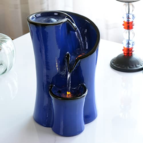 GOSSI Indoor Water Fountain Imitation Ceramics Appearance Tabletop Relaxation Desktop Waterfall w/ 3 Reflective led, 9.8 Inch Tall (Blue) - Image 5