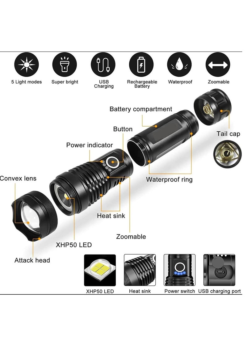 Excefore Flashlight Led USB Rechargeable, 5000 lumens Torch Light XHP50, Super Bright 5 Light Modes Flashlights, IP67 Waterproof Zoomable, for Outdoor Camping Hiking Emergency (with 18650 Battery)  - Image 5