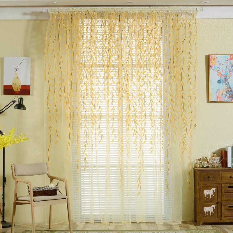 Ufurty 2Piece Willow Leaf Window Curtains  Voile Tulle Sheer Room Drapes Yellow for Living Room Bedroom Balcony
