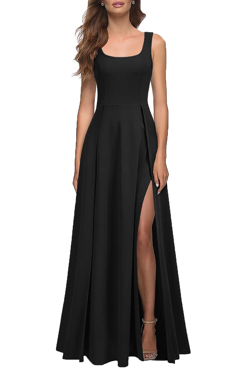 MUSHARE Women's Square Neck Sexy Split Cocktail Party Maxi Long Formal Dress Black - Image 1