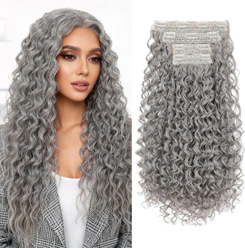 Flufymooz Clip in Hair Extensions, 4PC 100％ Pure Protein Silk Hair Extensions Long Soft Natural Hairpiece 20 Inch Curly Hair Extension for Women-Grey - Image 1