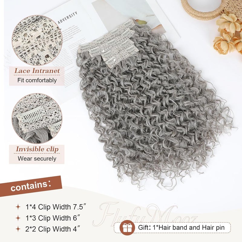 Flufymooz Clip in Hair Extensions, 4PC 100％ Pure Protein Silk Hair Extensions Long Soft Natural Hairpiece 20 Inch Curly Hair Extension for Women-Grey - Image 3
