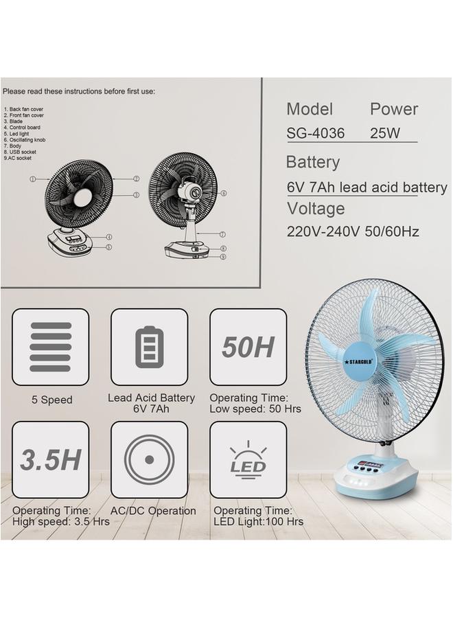 Stargold Rechargeable Oscillating Fan 5 Speed With LED Light Fan 16inch 25W - Image 3