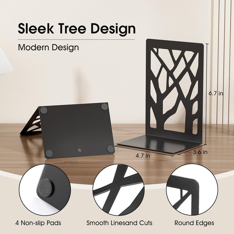 MaxGear Book Ends Tree Design Modern Bookends for Shelves, Non-Skid Book Holder, Heavy Duty Metal Book Storage for Books/CDs, Decorative Book Stopper for Home, 7 x 4.7 x 3.5”, Black,2 Pair/4 Pieces - Image 3