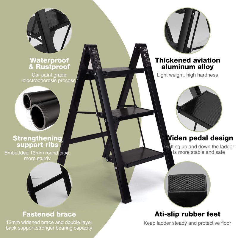 BOWEITI 3 Step Ladder Lightweight Folding Step Stool, Aluminum Portable Lightweight Ladder for Home and Office Use, Anti-Slip Pedal 330 Lbs Capacity Household Stepladder(Black) - Image 3