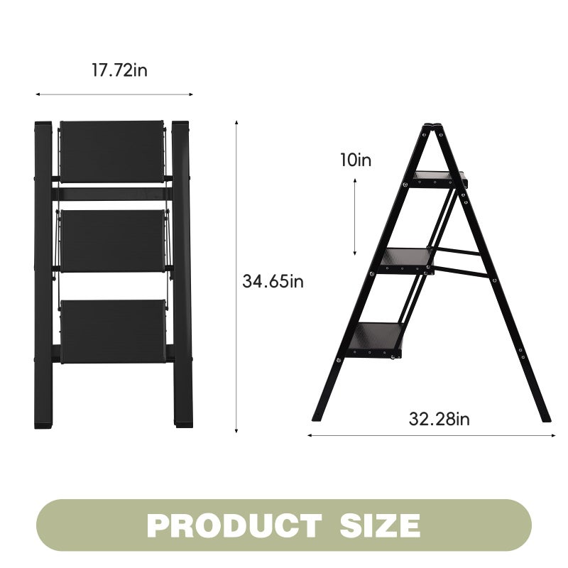 BOWEITI 3 Step Ladder Lightweight Folding Step Stool, Aluminum Portable Lightweight Ladder for Home and Office Use, Anti-Slip Pedal 330 Lbs Capacity Household Stepladder(Black) - Image 4