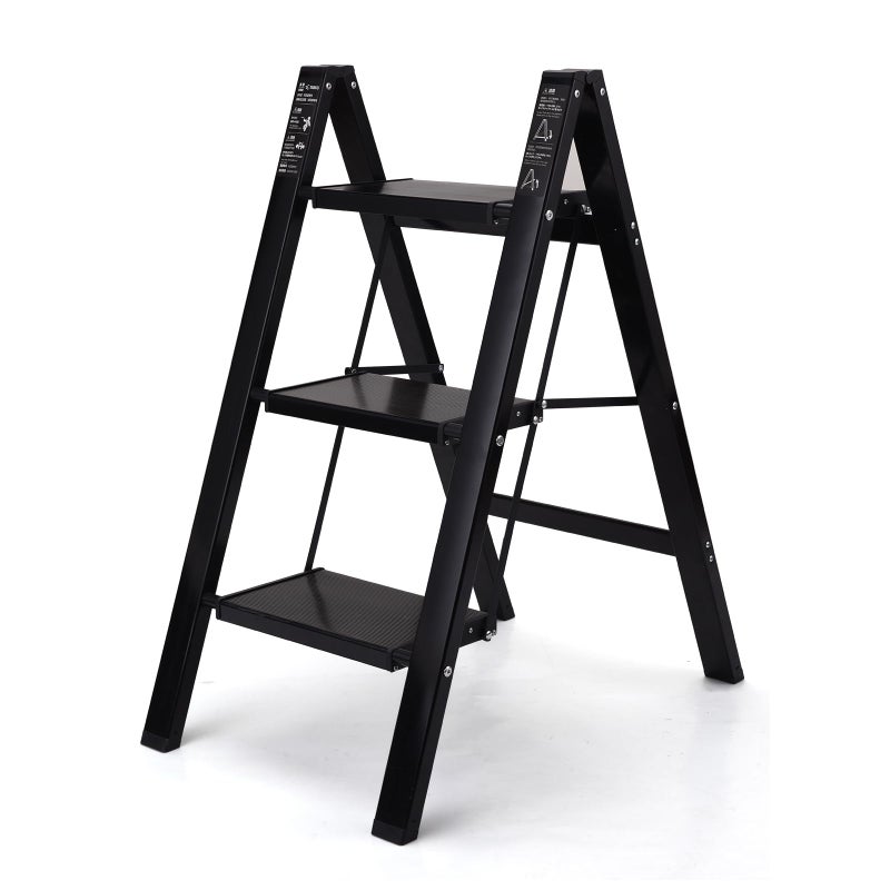 BOWEITI 3 Step Ladder Lightweight Folding Step Stool, Aluminum Portable Lightweight Ladder for Home and Office Use, Anti-Slip Pedal 330 Lbs Capacity Household Stepladder(Black) - Image 1