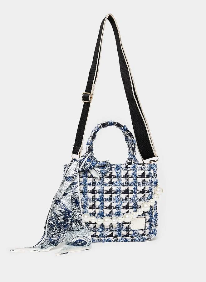 Styli Ribbon Detail Tweed Tote Bag With Pearl Chain