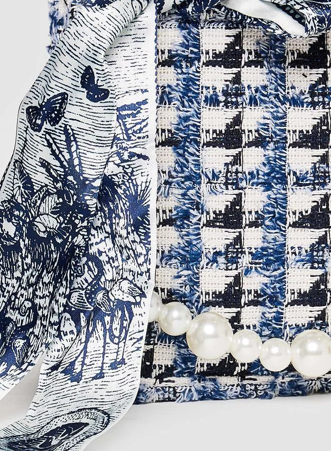 Styli Ribbon Detail Tweed Tote Bag With Pearl Chain