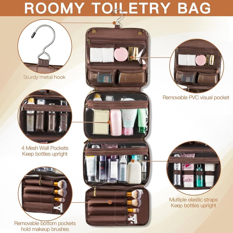 Elviros Hanging Toiletry Bag Removable Travel Bag PU leather Makeup Cosmetic Organizer Kit, Coffee - Image 4