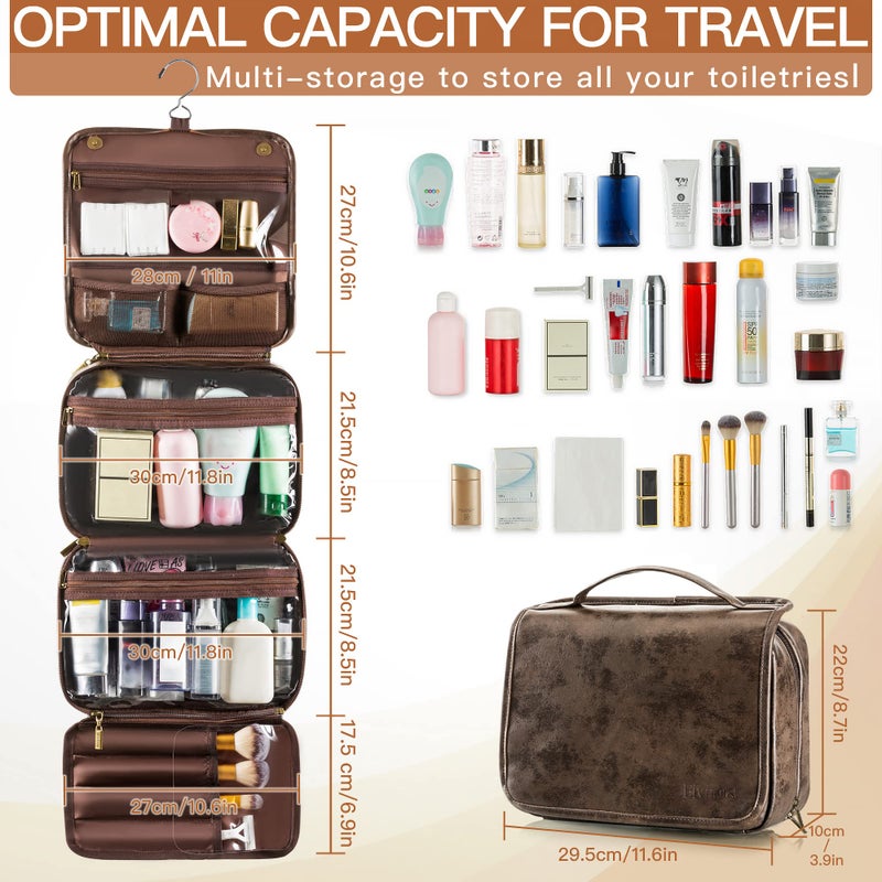 Elviros Hanging Toiletry Bag Removable Travel Bag PU leather Makeup Cosmetic Organizer Kit, Coffee - Image 5