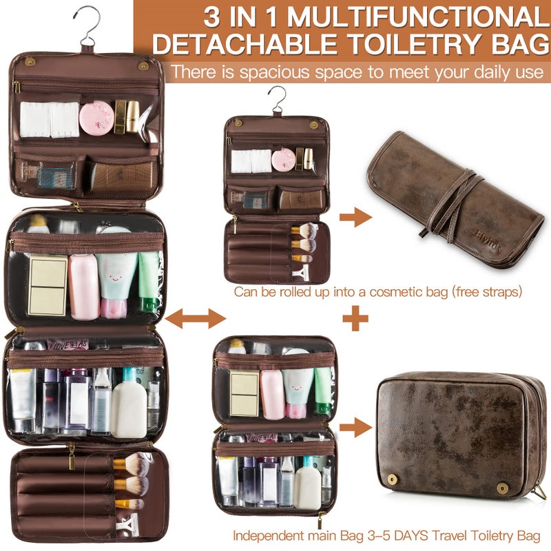 Elviros Hanging Toiletry Bag Removable Travel Bag PU leather Makeup Cosmetic Organizer Kit, Coffee - Image 2