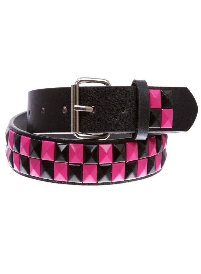 Beltiscool Kids Snap On Punk Rock Black & Hot Pink Star Studded Checkerboard Leather Belt, black/hot pink | s-24" - Image 2