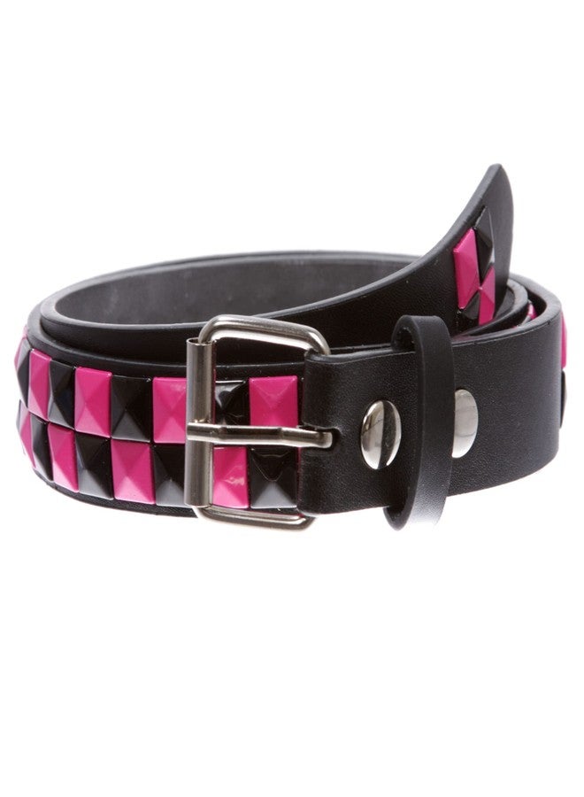 Beltiscool Kids Snap On Punk Rock Black & Hot Pink Star Studded Checkerboard Leather Belt, black/hot pink | s-24" - Image 1