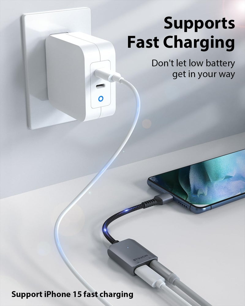 Stouchi محول شحن سماعات رأس USB C إلى 3.5 مم 2 في 1 من ستوتشي مع شحن سريع PD وDAC عالي الدقة لسماعات الأذن آيفون 17 16 15، جالاكسي S25 /24/S24+/S23/S22/S21، آيباد برو، بيكسل 9/8/7 - Image 2
