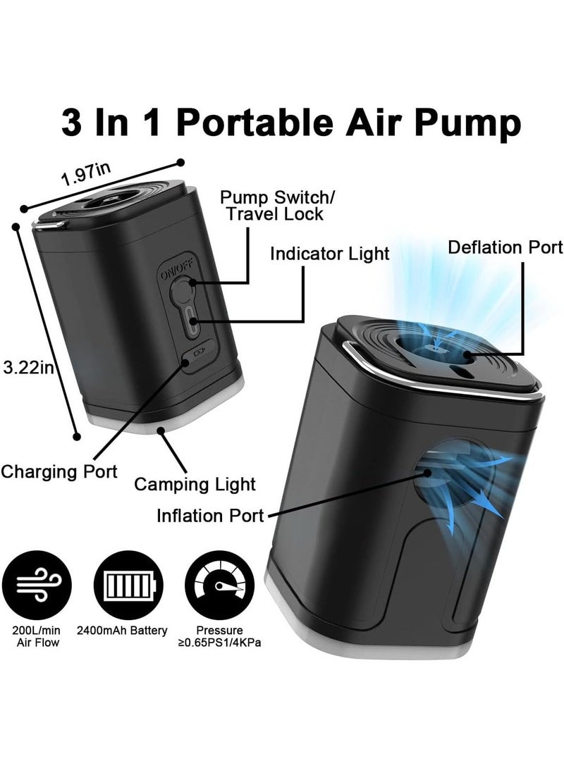 LuzCadaVez Electric Air Pump for Inflatables, 2400mAh Rechargeable Air Mattress Pump Quick Inflator Deflator Mini Portable Vacuum Pump 5 Nozzles & 3-Speed Camping Light for Pool Floats Vacuum Storage Bag Air Bed - Image 3