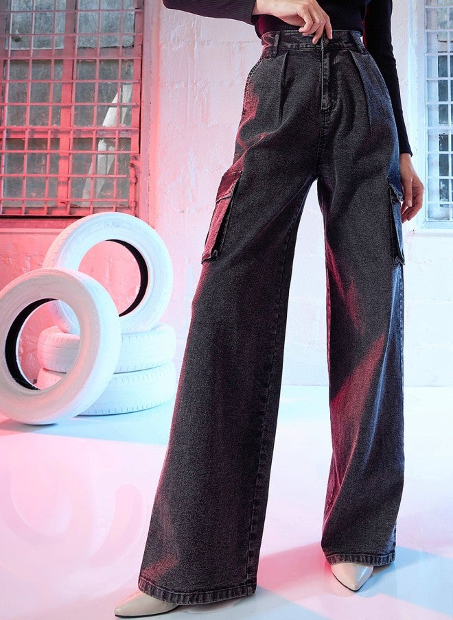 SASSAFRAS Black Straight Fit High Rise Cargo Jeans for Women - Image 1