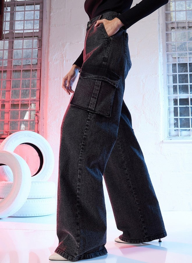 SASSAFRAS Black Straight Fit High Rise Cargo Jeans for Women - Image 2