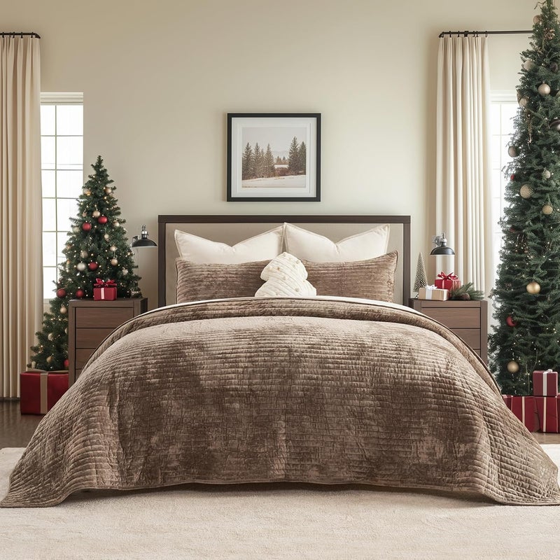 EVERGRACE Velvet Quilt Set King Size, Luxurious Soft Striped Channel Bedding Set, Lightweight Velvet Comforter for All Season, Oversized Bedspread Coverlet with 2 Matching Shams, Mocha Brown - Image 1