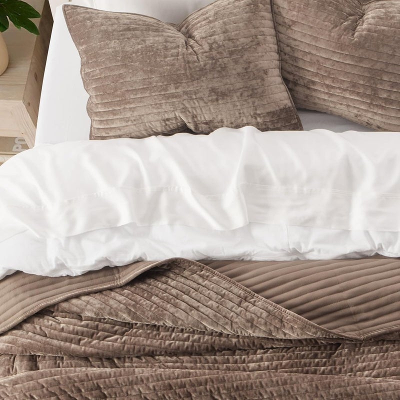 EVERGRACE Velvet Quilt Set King Size, Luxurious Soft Striped Channel Bedding Set, Lightweight Velvet Comforter for All Season, Oversized Bedspread Coverlet with 2 Matching Shams, Mocha Brown - Image 3