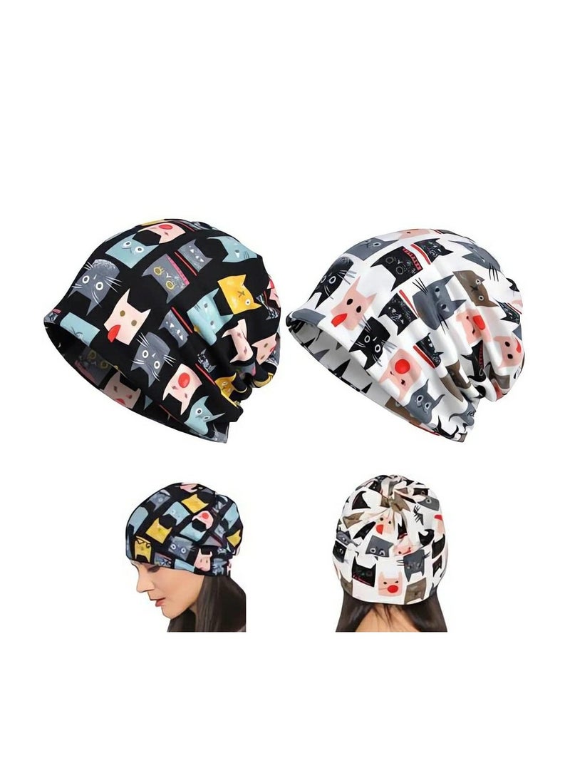 SYOSI 2 Pcs Cartoon Cat Cap Cotton Slouchy Beanie Hip Hop Soft Lightweight Running Adult Dwarf Hats Chemo for Men Women  - Image 1