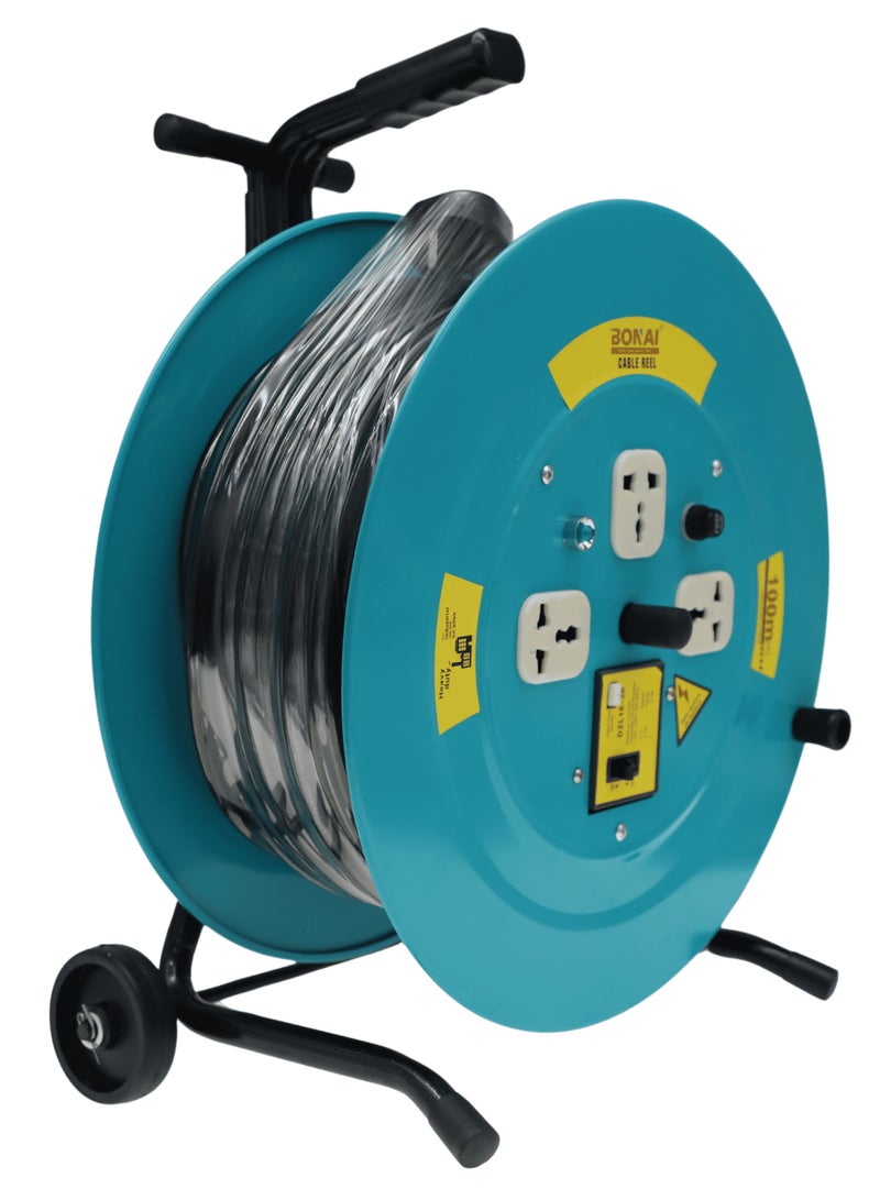 BONAI BN-HK95 100m Heavy Duty Cable Reel with Adjustable Handle & Wheels, 3 Socket Power Extension Drum, 220-240V Industrial Wire Reel, 2x2.5mm² Electric Cord for Workshop, Construction & Outdoor - Image 1