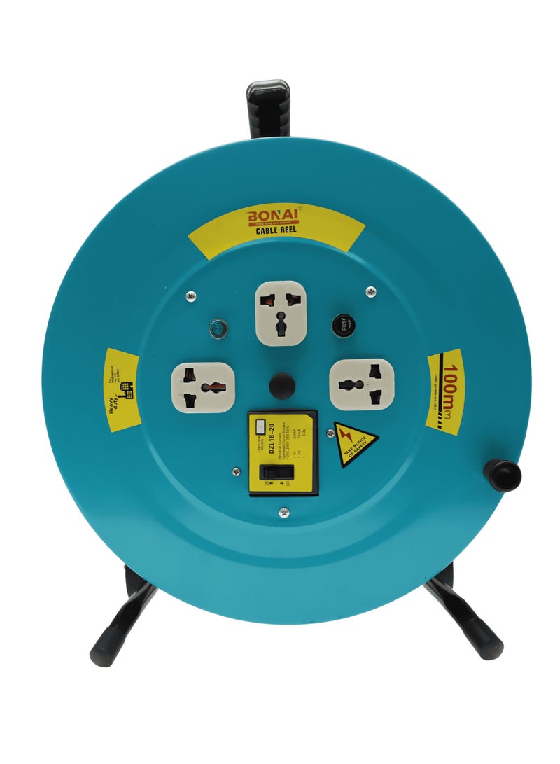 BONAI BN-HK95 100m Heavy Duty Cable Reel with Adjustable Handle & Wheels, 3 Socket Power Extension Drum, 220-240V Industrial Wire Reel, 2x2.5mm² Electric Cord for Workshop, Construction & Outdoor - Image 2