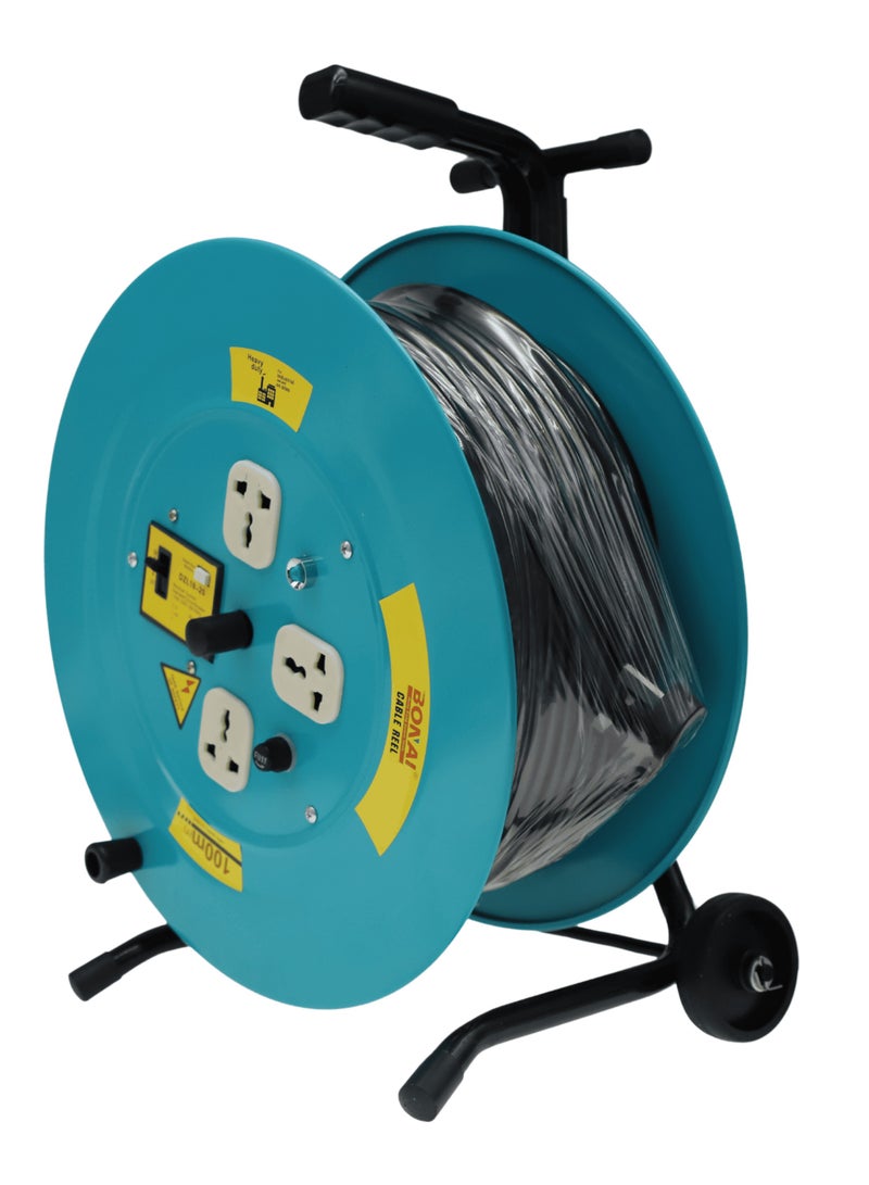 BONAI BN-HK95 100m Heavy Duty Cable Reel with Adjustable Handle & Wheels, 3 Socket Power Extension Drum, 220-240V Industrial Wire Reel, 2x2.5mm² Electric Cord for Workshop, Construction & Outdoor - Image 3