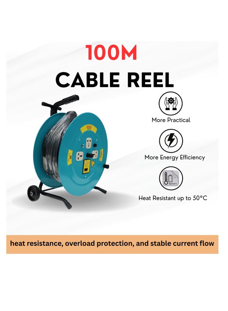 BONAI BN-HK95 100m Heavy Duty Cable Reel with Adjustable Handle & Wheels, 3 Socket Power Extension Drum, 220-240V Industrial Wire Reel, 2x2.5mm² Electric Cord for Workshop, Construction & Outdoor - Image 5