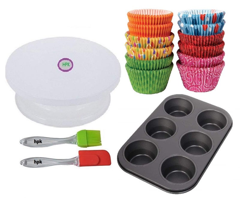 hpk Cake Decorating and Display Rotating Table with 6 Pieces Muffin Tray Baking Cups and Brush Spatula - Image 1