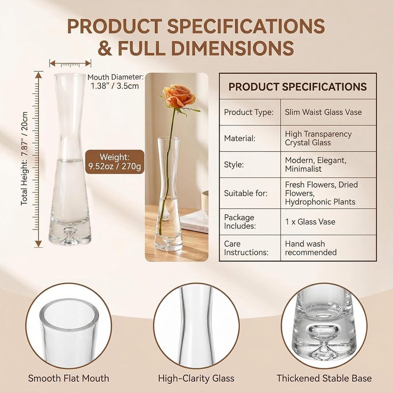 VASANA Transparent Glass Bud Vase Mini Floral Vase with Small Mouth Slim Waist Flower Container Single Stem Holder for Office Home Hotel Dining Table Decor - Image 1