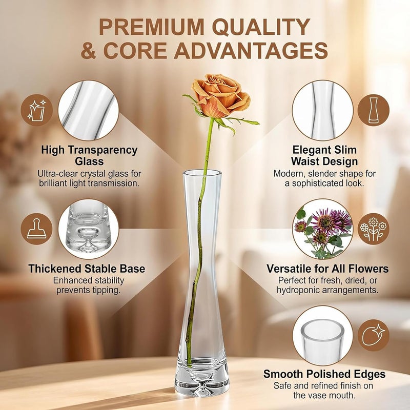 VASANA Transparent Glass Bud Vase Mini Floral Vase with Small Mouth Slim Waist Flower Container Single Stem Holder for Office Home Hotel Dining Table Decor - Image 2