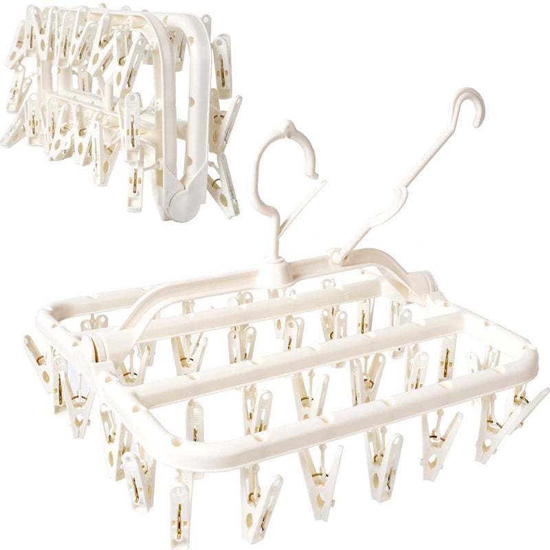 Foshine Foldable Clothes Drying Rack with 32 Drying Clips WindProof Hook Underwear Hanger Plastic Laundry Clip for Socks Bras White