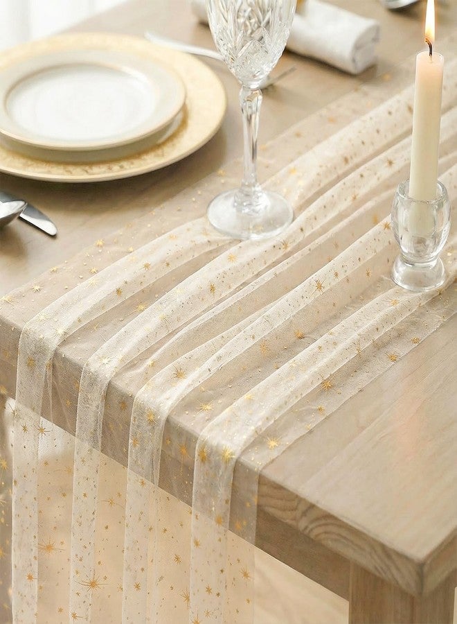 Artoid Mode Gold Stars Beige Gauze Table Runner 120 Inch 10FT, Sheer Dining Wedding Holiday Birthday Table Decor for Home Party - Image 3