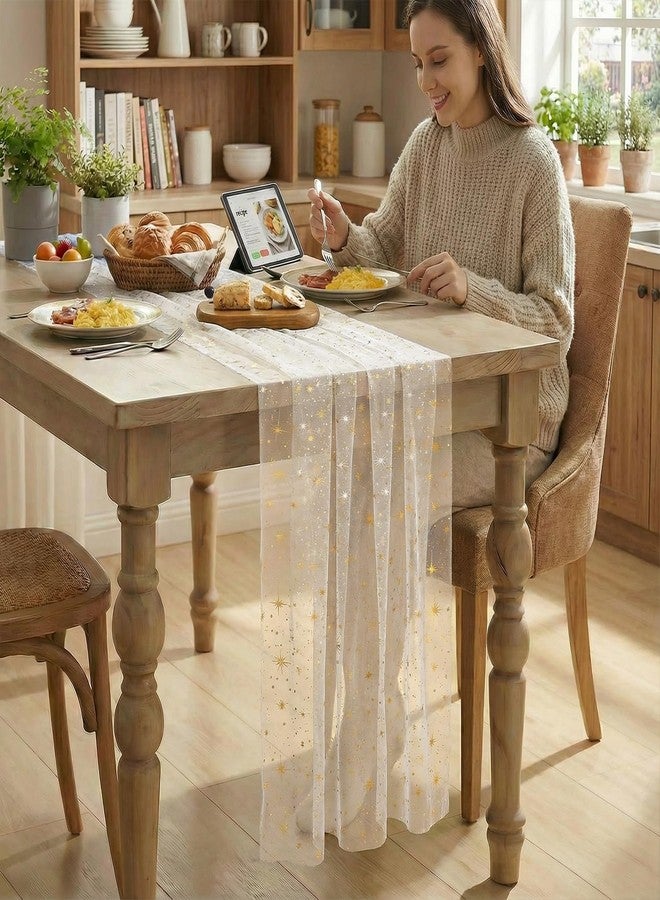 Artoid Mode Gold Stars Beige Gauze Table Runner 120 Inch 10FT, Sheer Dining Wedding Holiday Birthday Table Decor for Home Party - Image 4