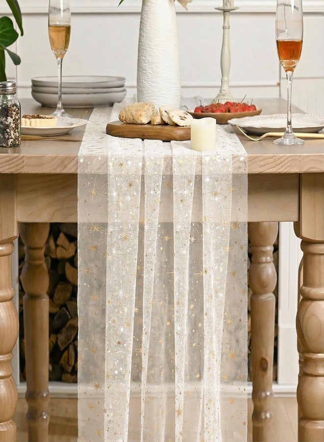 Artoid Mode Gold Stars Beige Gauze Table Runner 120 Inch 10FT, Sheer Dining Wedding Holiday Birthday Table Decor for Home Party - Image 2