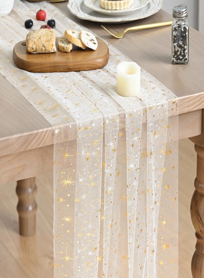 Artoid Mode Gold Stars Beige Gauze Table Runner 120 Inch 10FT, Sheer Dining Wedding Holiday Birthday Table Decor for Home Party - Image 1