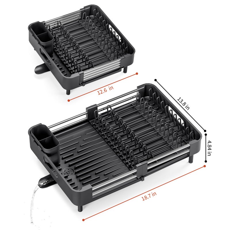 TOOLF Dish Drying Rack with Drainboard, Extendable Dish Rack for Kitchen Counter, Expandable Dish Drainer, Dish Strainer, Foldable Home Countertop Plate Storage Rack with Cutlery Holder, Black - Image 2