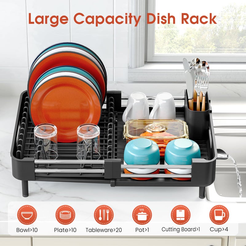 TOOLF Dish Drying Rack with Drainboard, Extendable Dish Rack for Kitchen Counter, Expandable Dish Drainer, Dish Strainer, Foldable Home Countertop Plate Storage Rack with Cutlery Holder, Black - Image 4