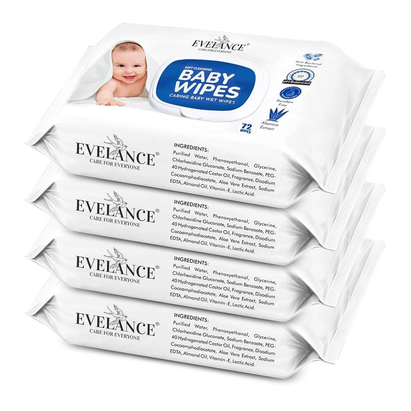 EVELANCE Soft Cleansing Baby Wipes with Lid | 72 Wipes x 4-288 Wipes | Extra Thick & Moist Wet Wipes for Baby's | Prevents Rashes & Redness with Goodness of Aloe Vera Vitamin E | pH Balanced - Image 1
