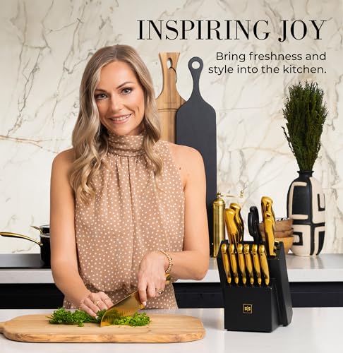 Styled Settings 14-Piece Knife Set with Block & Built-In Sharpener – Ultra-Sharp Full Tang Kitchen Knives – Premium Cooking & Prep Essentials, Gold Handle, Gold Blade & Black Block - Image 5