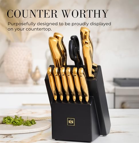 Styled Settings 14-Piece Knife Set with Block & Built-In Sharpener – Ultra-Sharp Full Tang Kitchen Knives – Premium Cooking & Prep Essentials, Gold Handle, Gold Blade & Black Block - Image 4