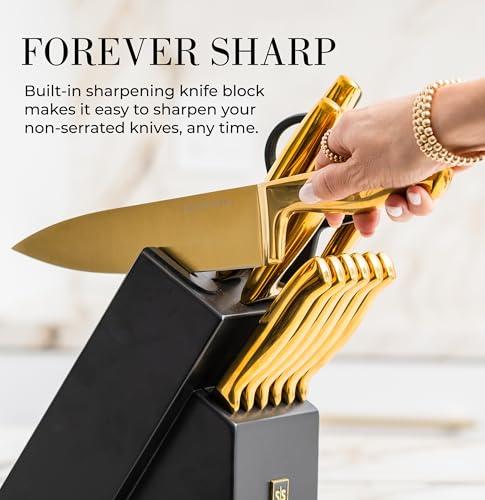 Styled Settings 14-Piece Knife Set with Block & Built-In Sharpener – Ultra-Sharp Full Tang Kitchen Knives – Premium Cooking & Prep Essentials, Gold Handle, Gold Blade & Black Block - Image 2