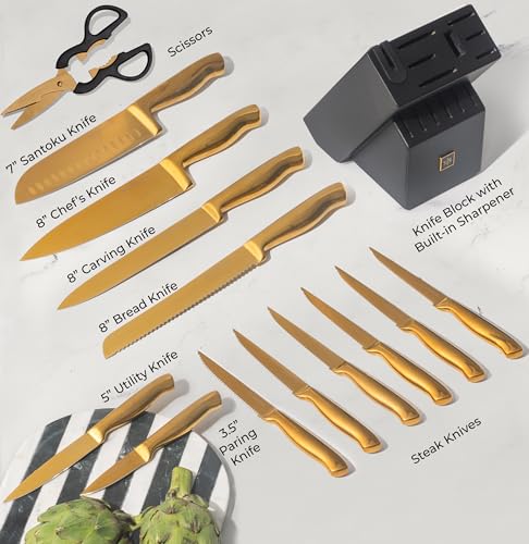 Styled Settings 14-Piece Knife Set with Block & Built-In Sharpener – Ultra-Sharp Full Tang Kitchen Knives – Premium Cooking & Prep Essentials, Gold Handle, Gold Blade & Black Block - Image 3